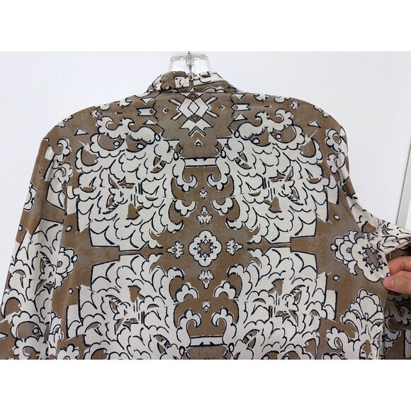 Tory Burch Wheat Nocturne Print Silk Blouse Top Floral Taupe White Bow Tie 4 - Picture 12 of 16